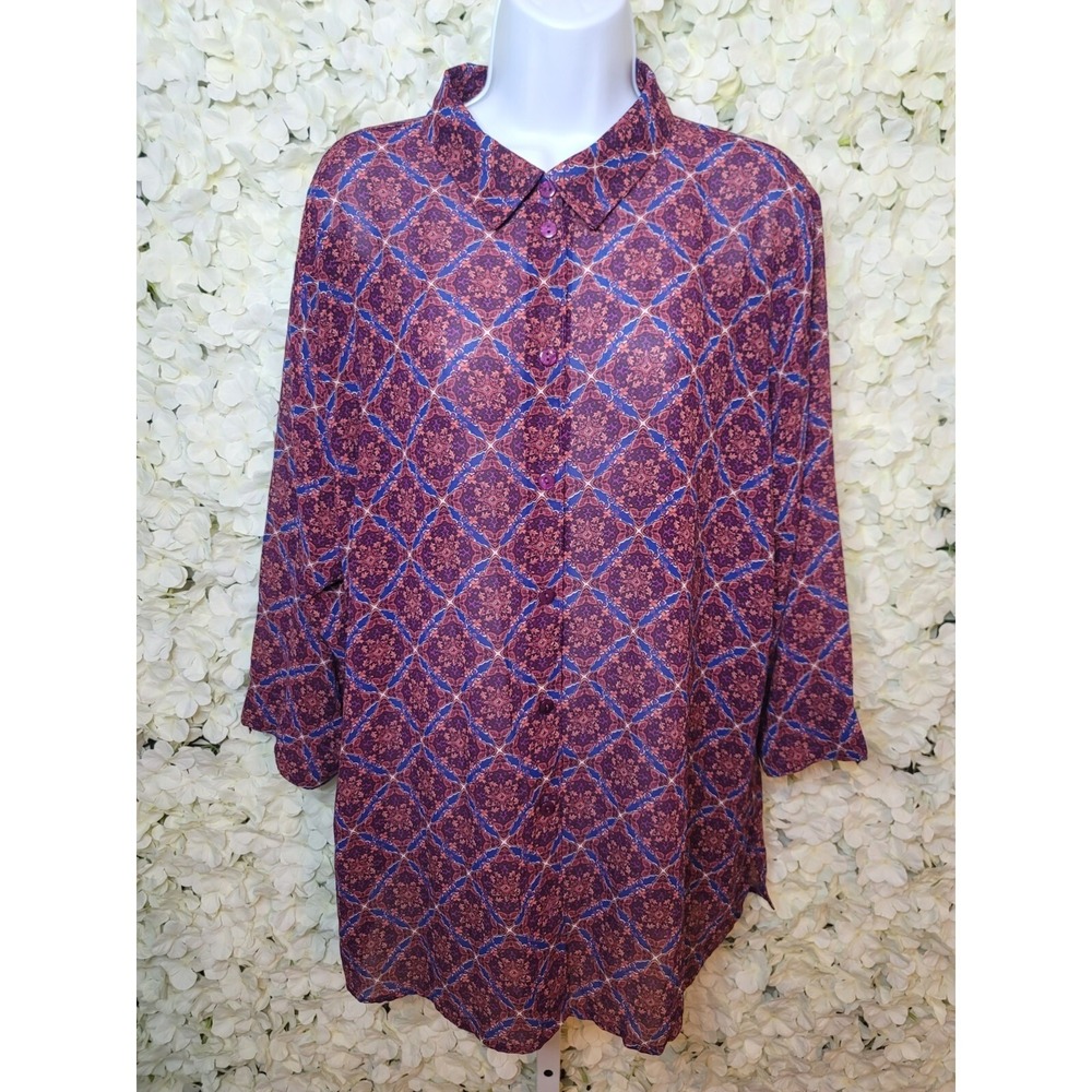 Bon Worth Retro Style Wms XL  Button‎ Up Collar 3/4 Sleeve Blouse Multicolor (A)